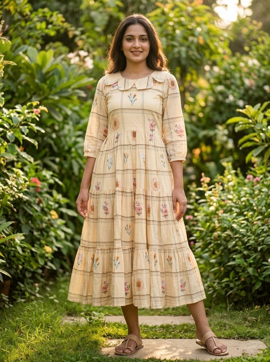 beige frock with floral designs