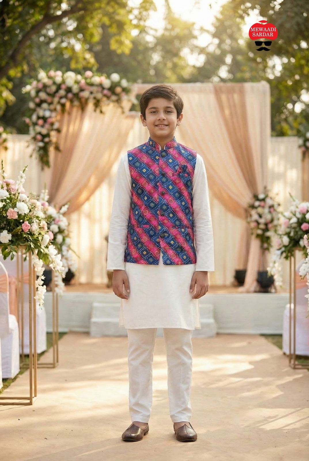 Young boy in pink and blue traditional attire standing in front of a decorated outdoor setting with flowers and drapes.