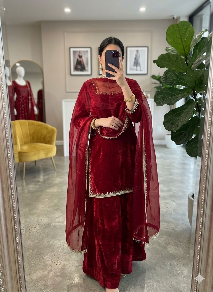 Person wearing a Red traditional outfit in a room with a mirror and plant.