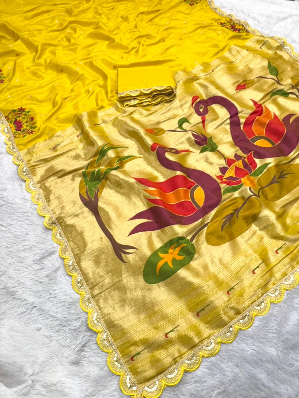 Yellow fabric with floral patterns 