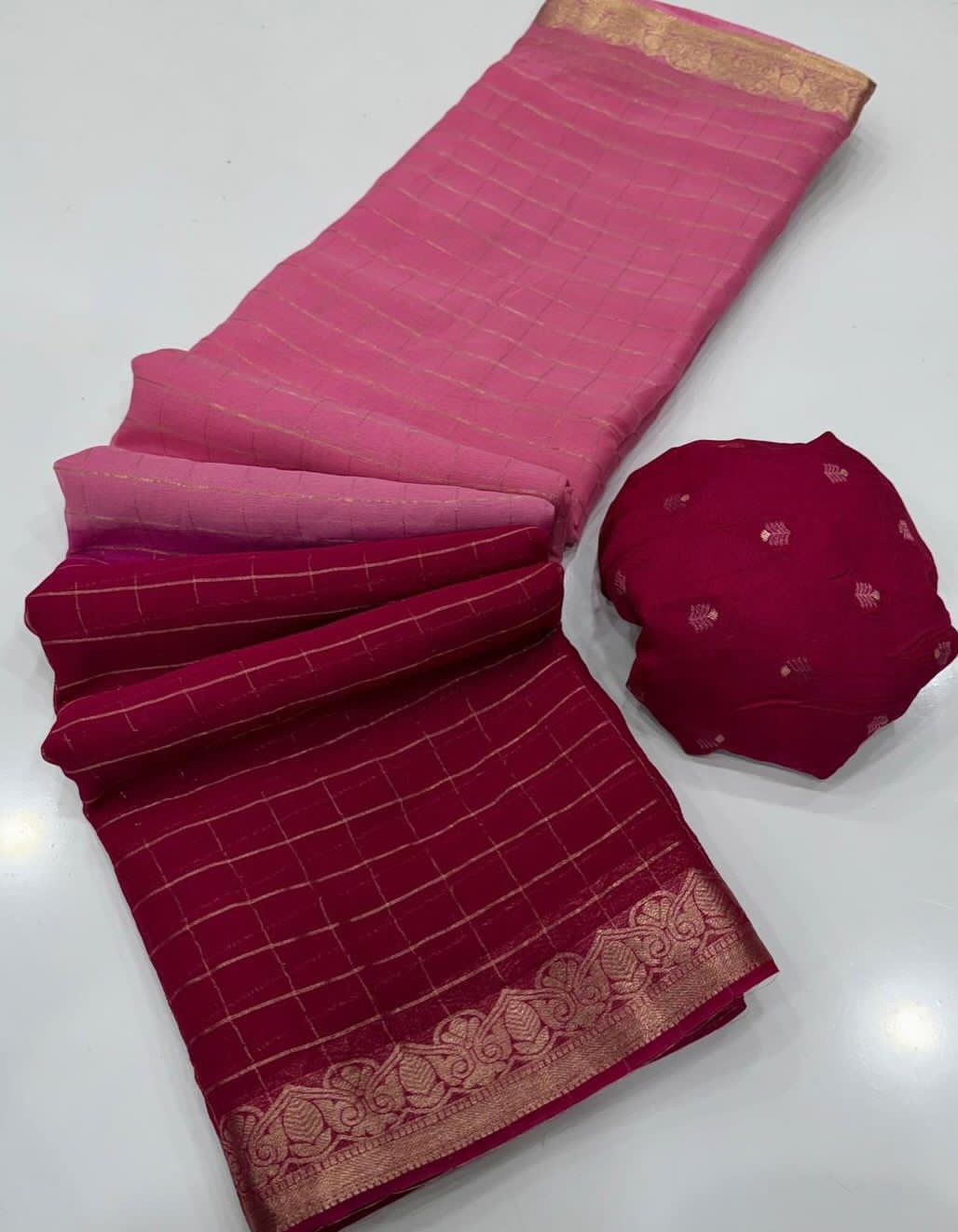 Light Pink & dark pink saree with gold border