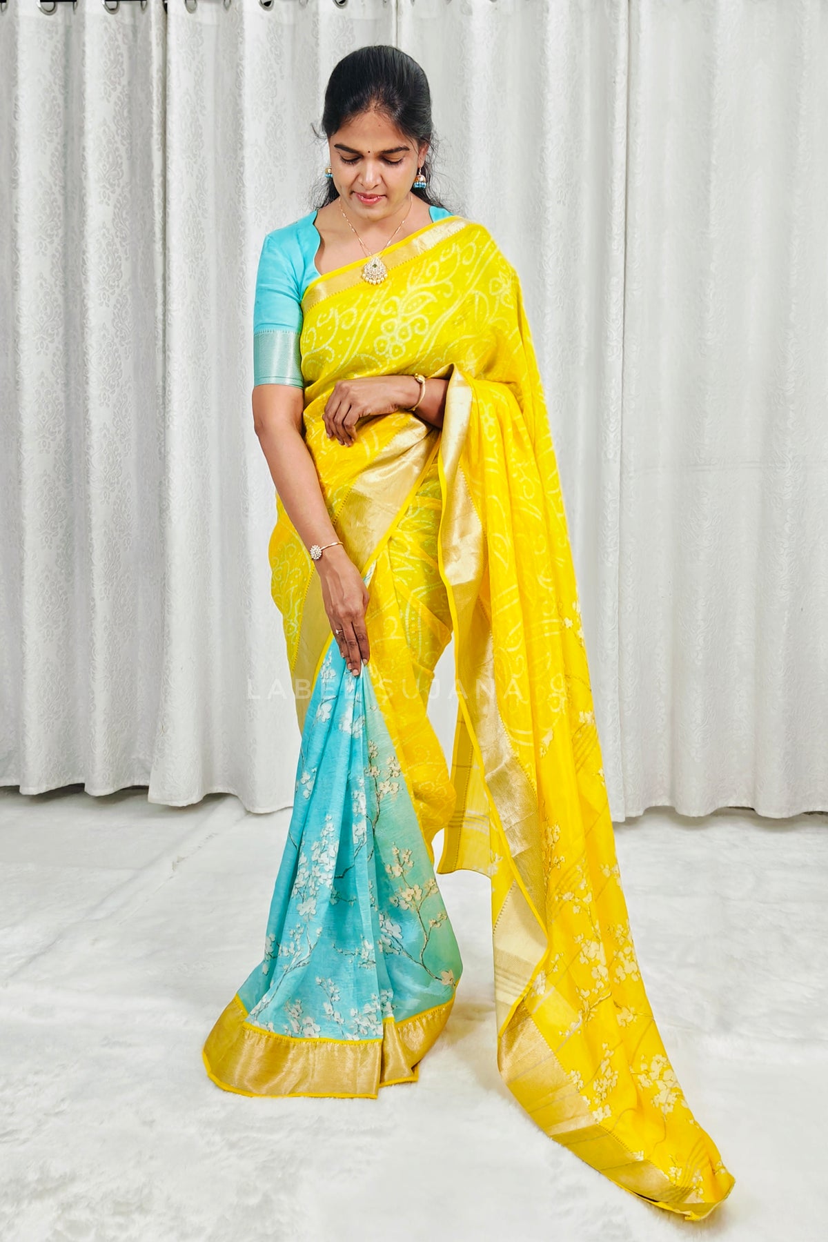 Yellow colour Mangalagiri Langa Voni Style Big Zari Border Digital Pattu Saree
