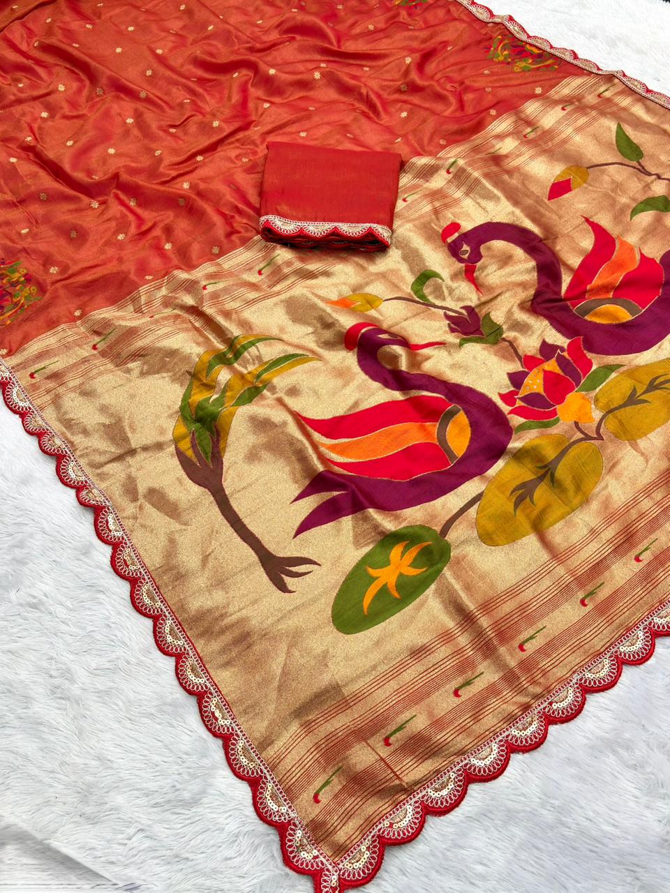 Rust saree with floral patterns 