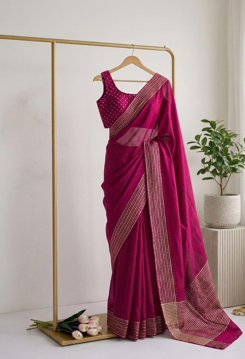 Pink saree with gold border on a hanger against a white wall.