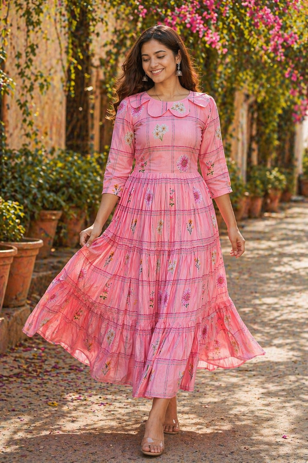  pink frock with floral patterns