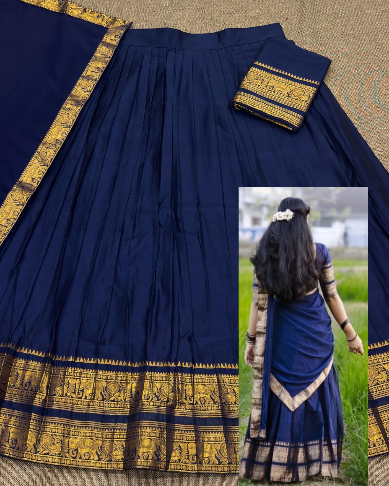 Navy blue saree with gold border on a textured surface, with a person wearing the saree in an inset image.