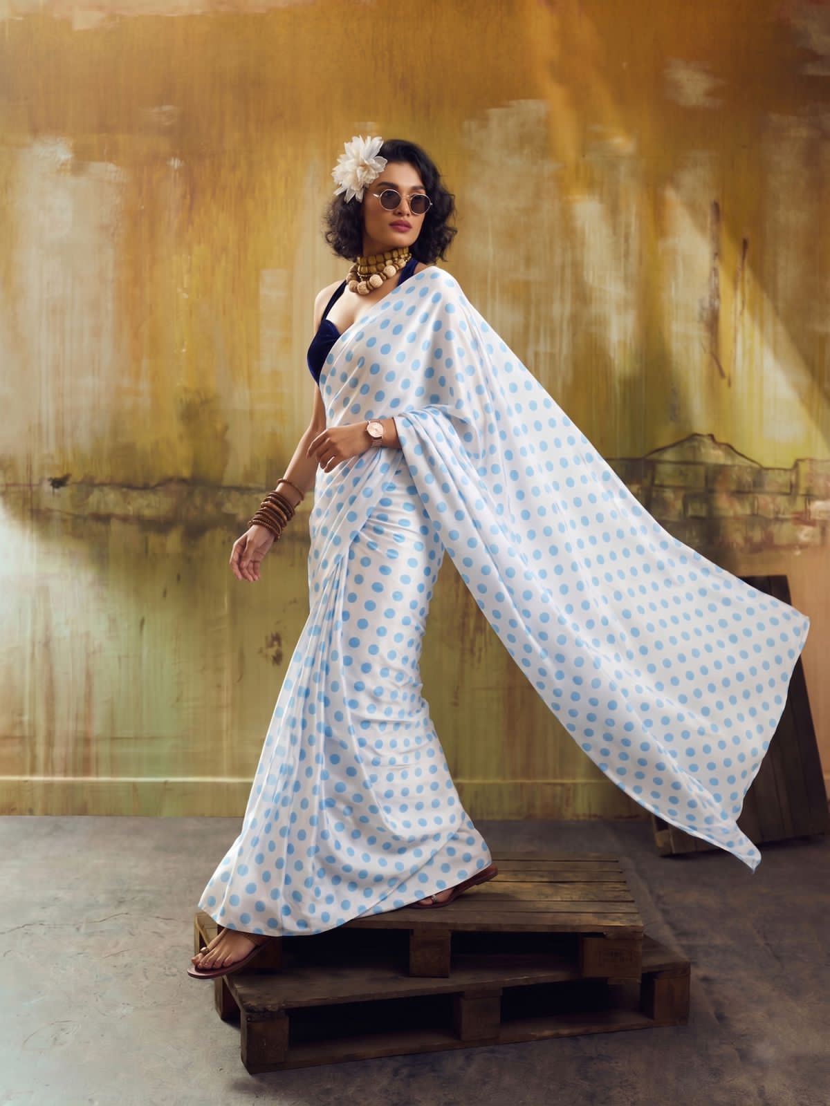  white saree with polka dots 