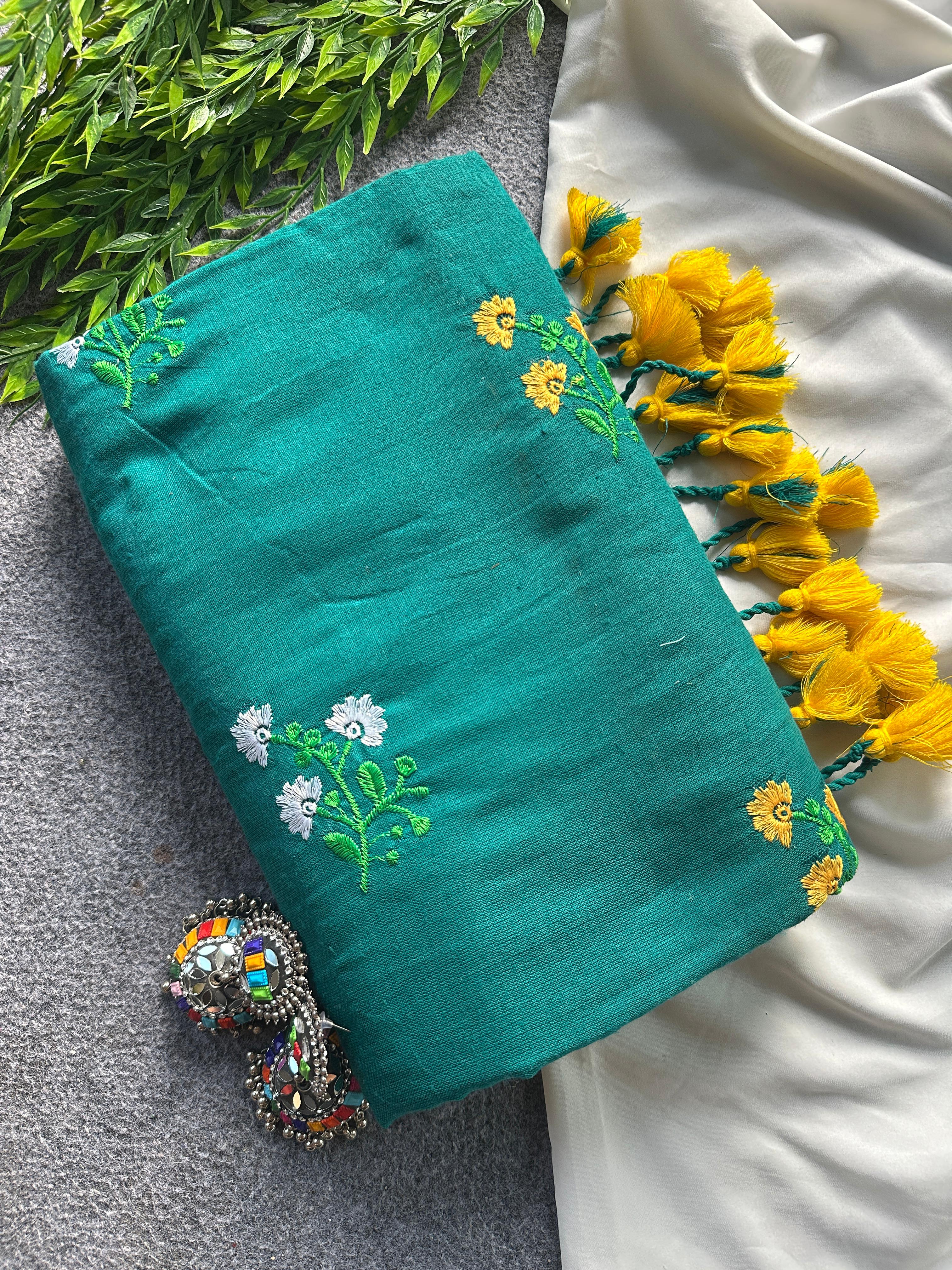Rama Green fabric with floral embroidery work 