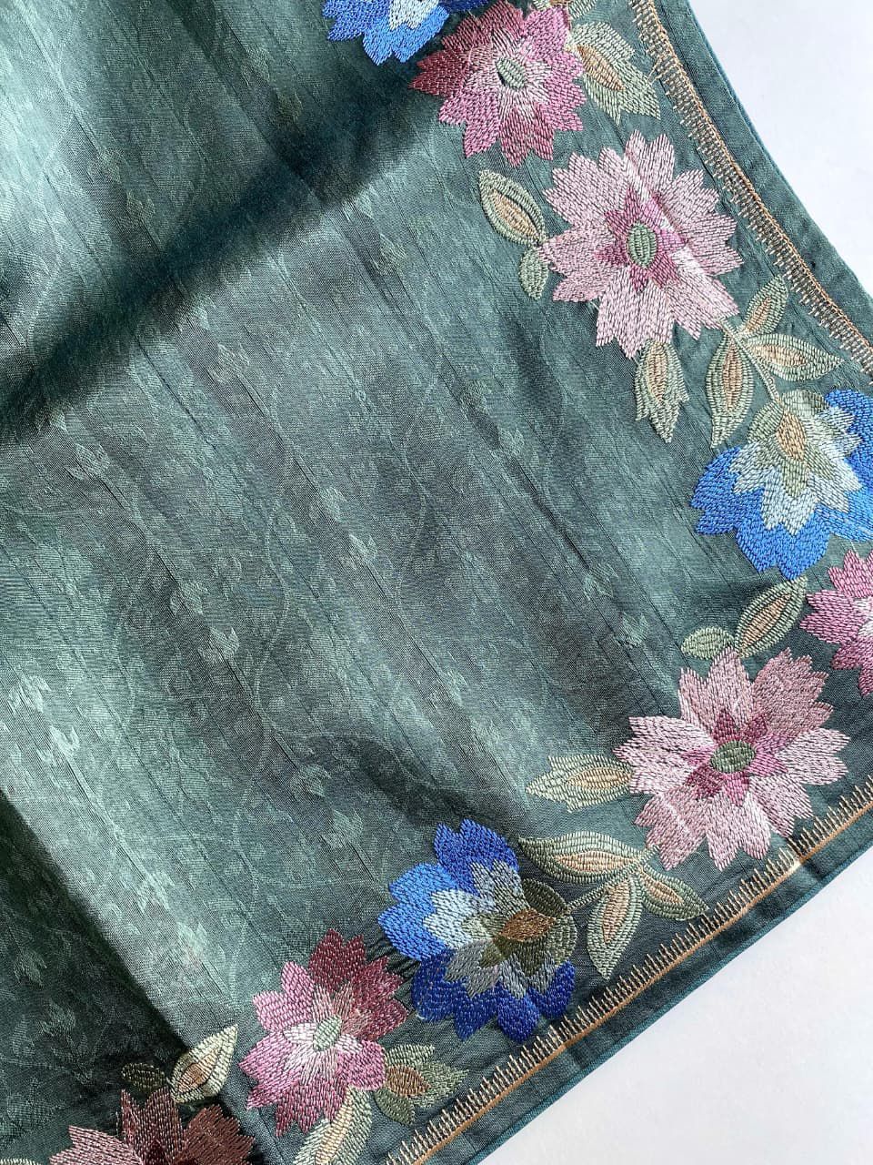 Bottle green fabric with floral patterns on a green background