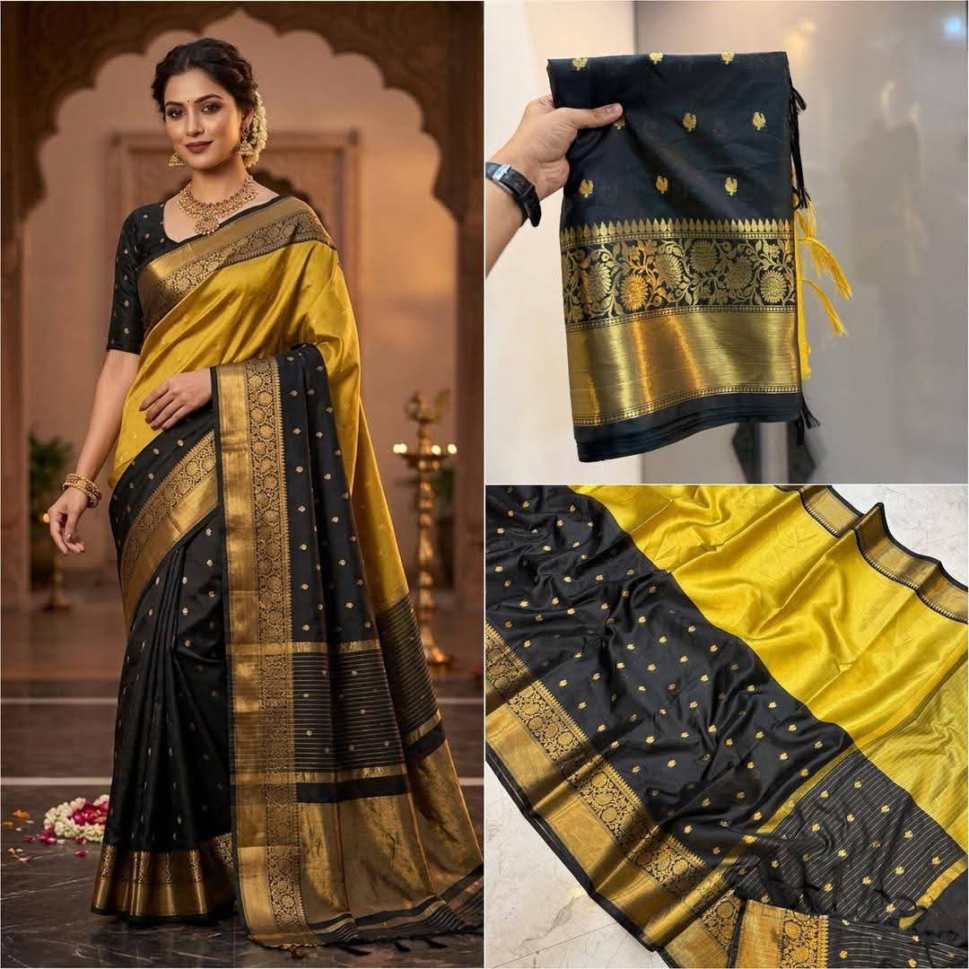 Black and gold saree with intricate patterns, worn by a model and displayed in close-up.