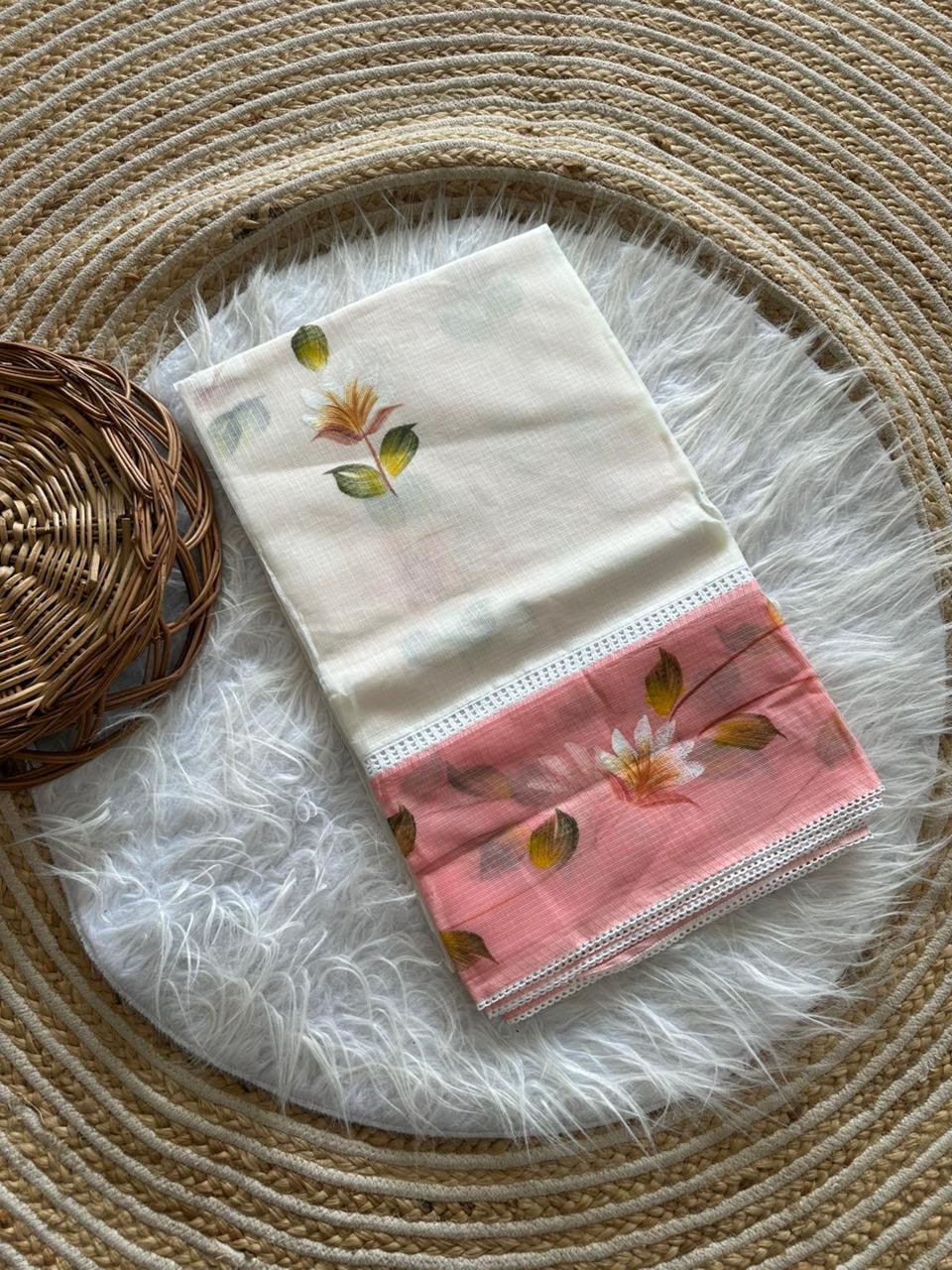 A White colour Brush Painted Kota Saree