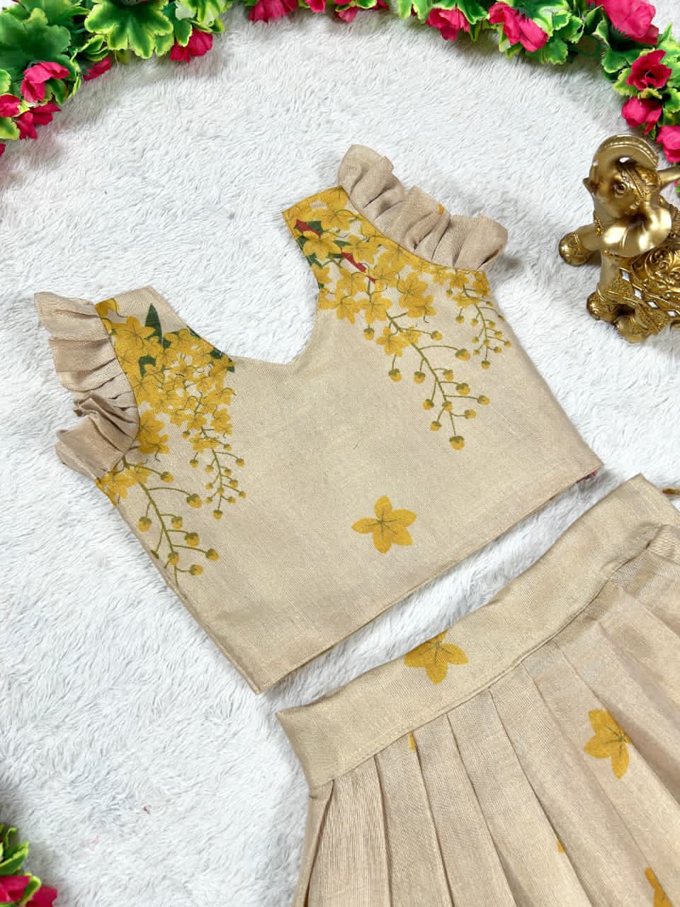 Beige lehanga with gold floral patterns