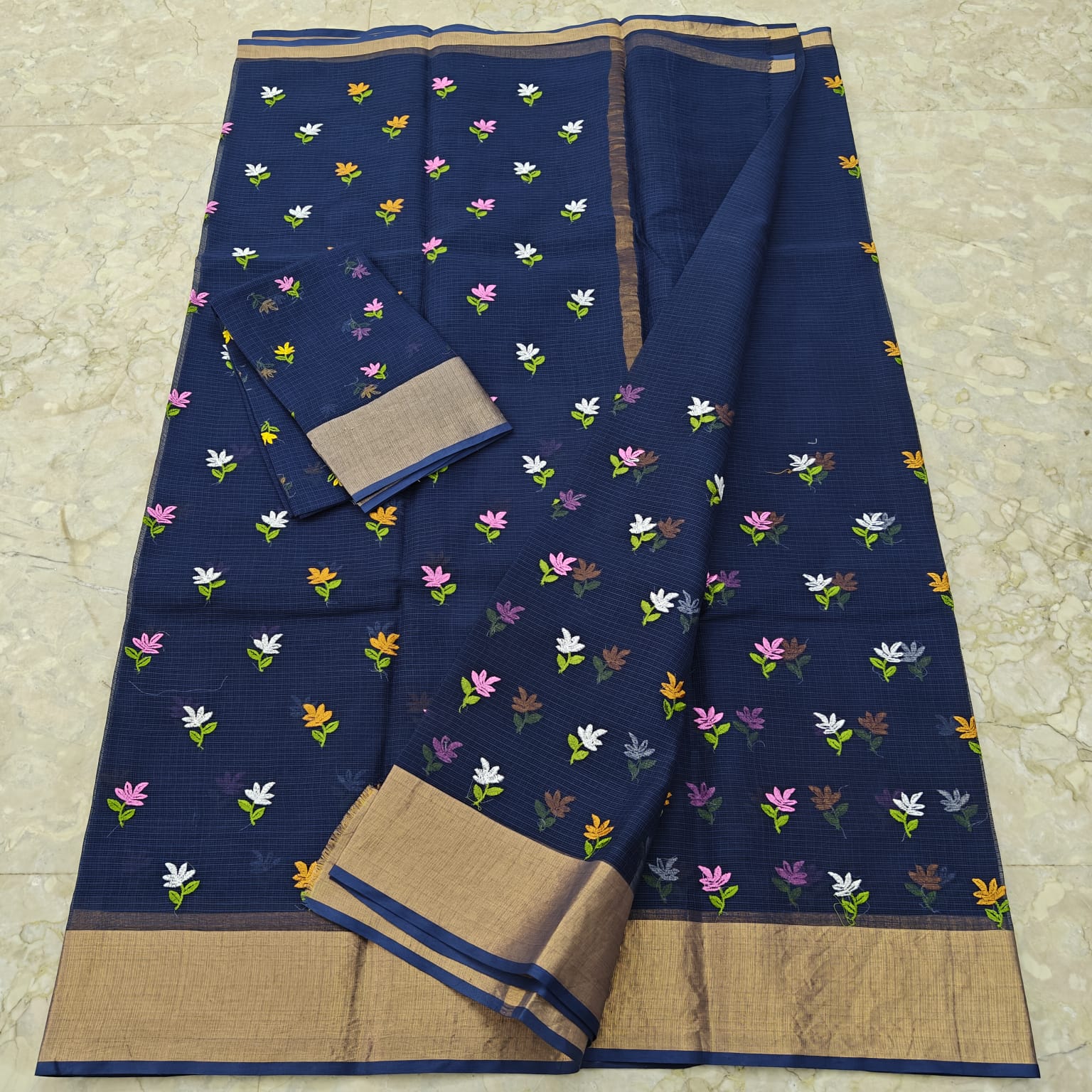 Navy blue saree with floral patterns