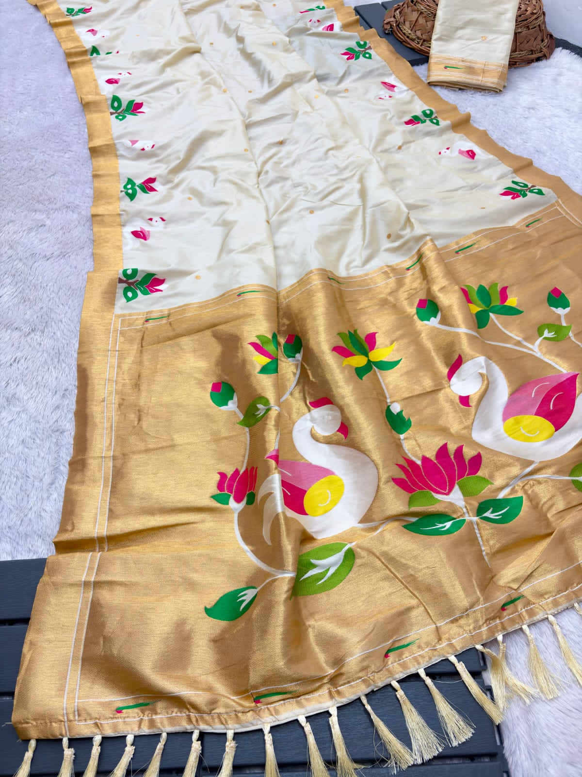 White saree with gold border 