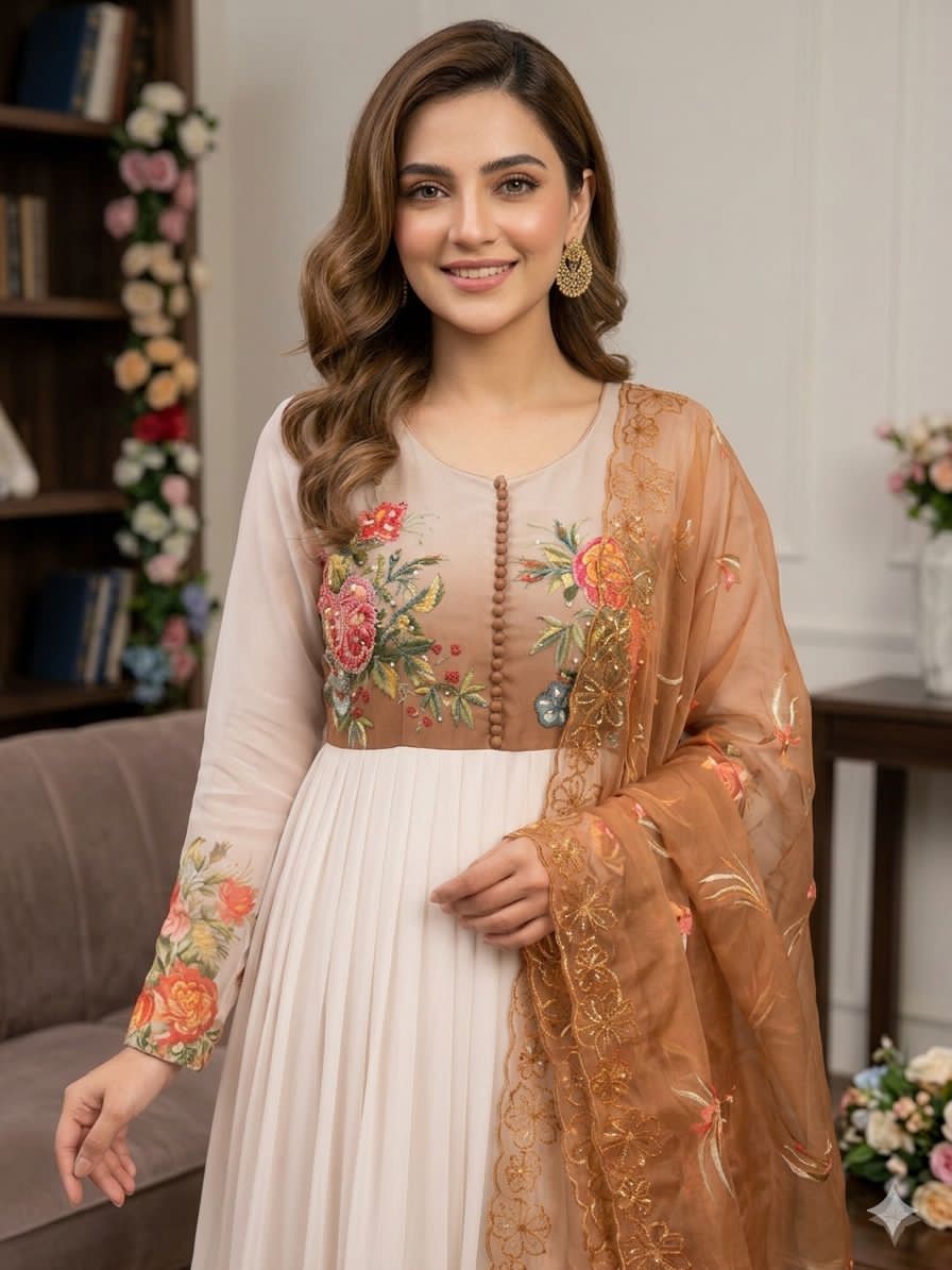 Woman wearing a white and brown traditional outfit with floral embroidery in a decorated room.