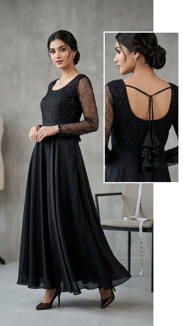 Woman wearing a black evening gown with sheer sleeves and open back, standing against a gray background.