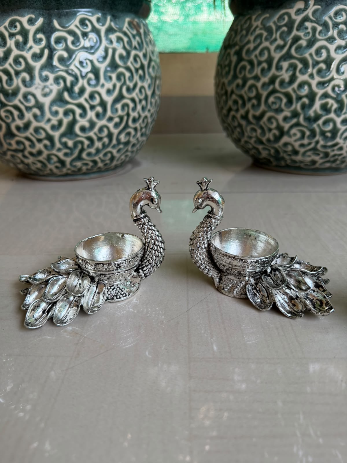 Antique German Silver big peacock deepam