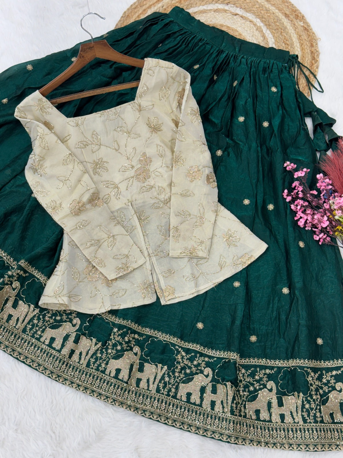 Dark Green traditional outfit with a white embroidery blouse on a white background