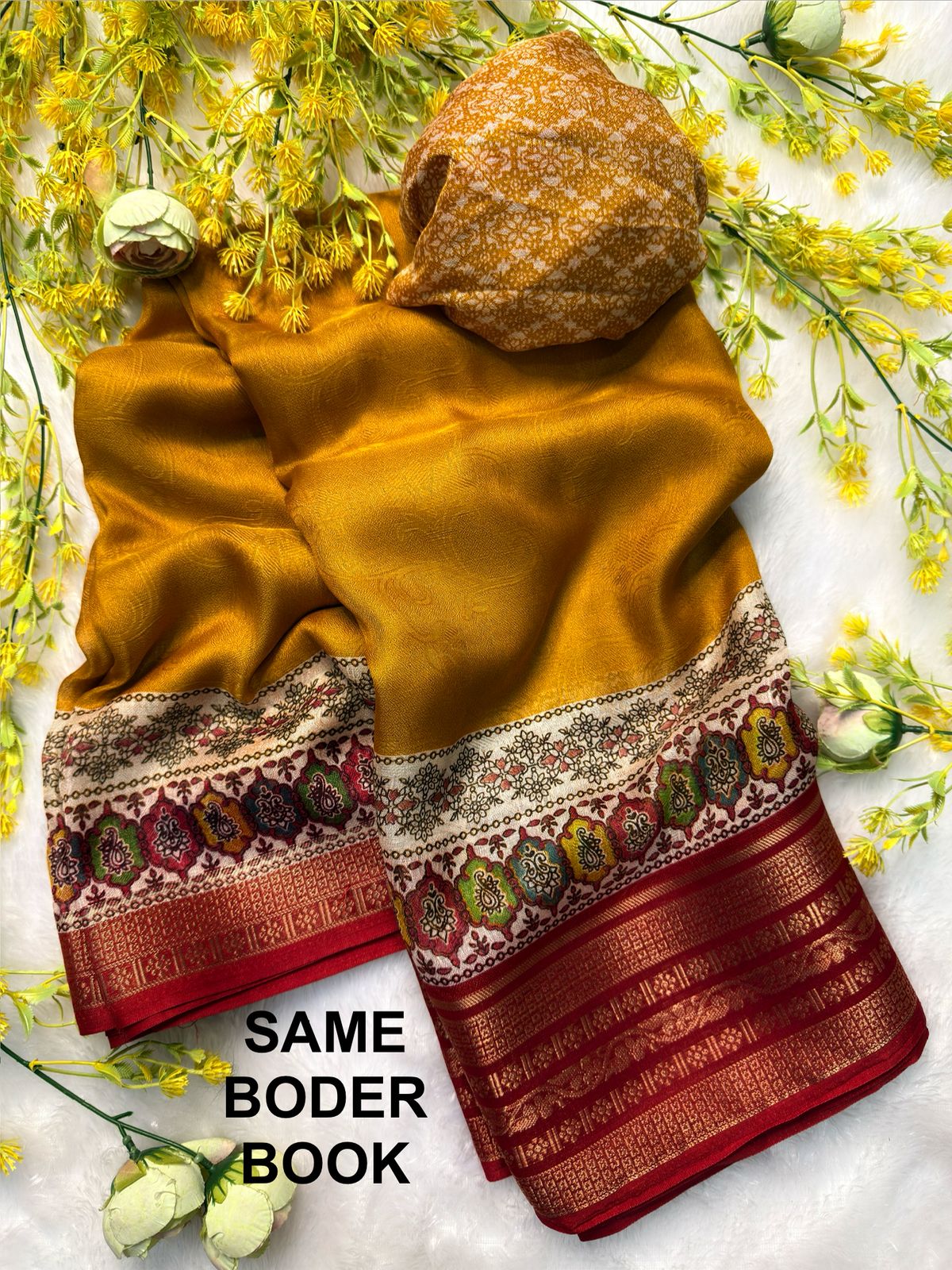 Mustard yellow saree with a decorative border
