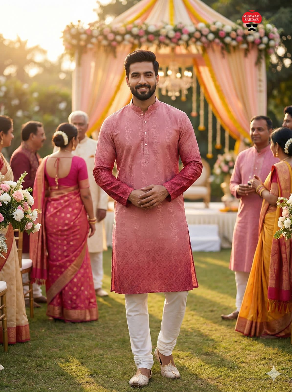 Man in a pink kurta standing in front of a decorated wedding canopy with people around.