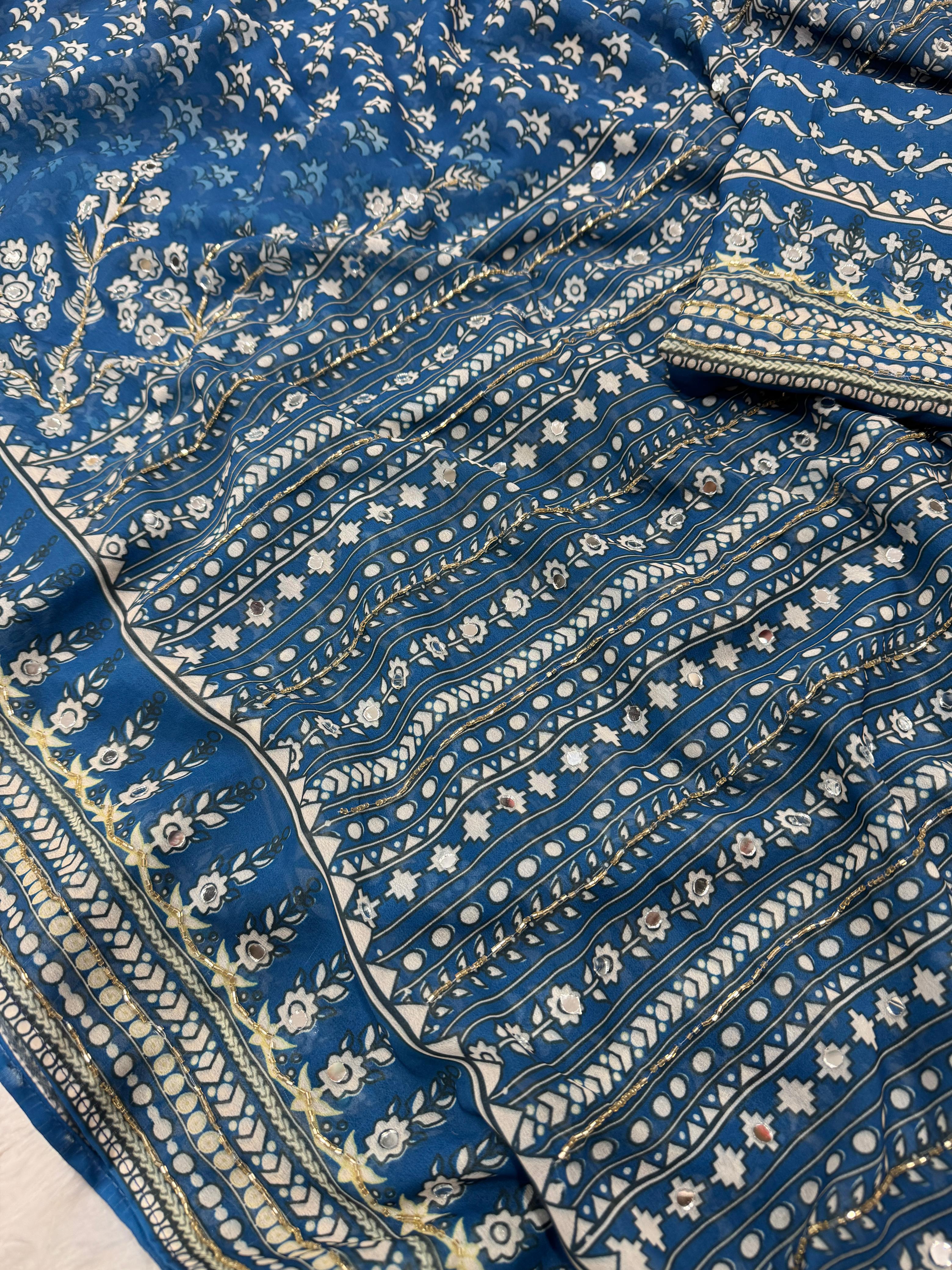 Close-up of a blue fabric with white floral patterns