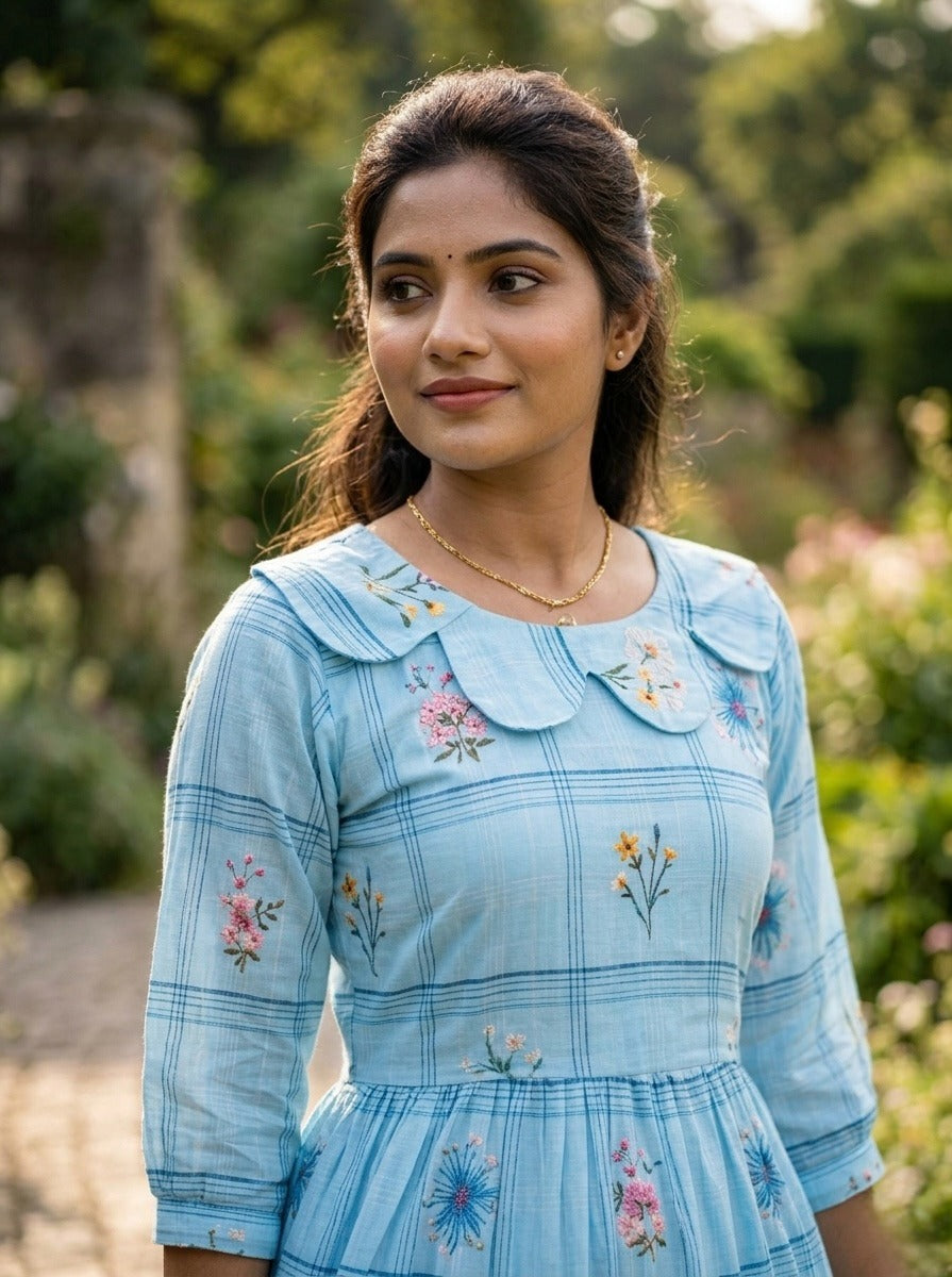 Sky blue frock with floral patterns 