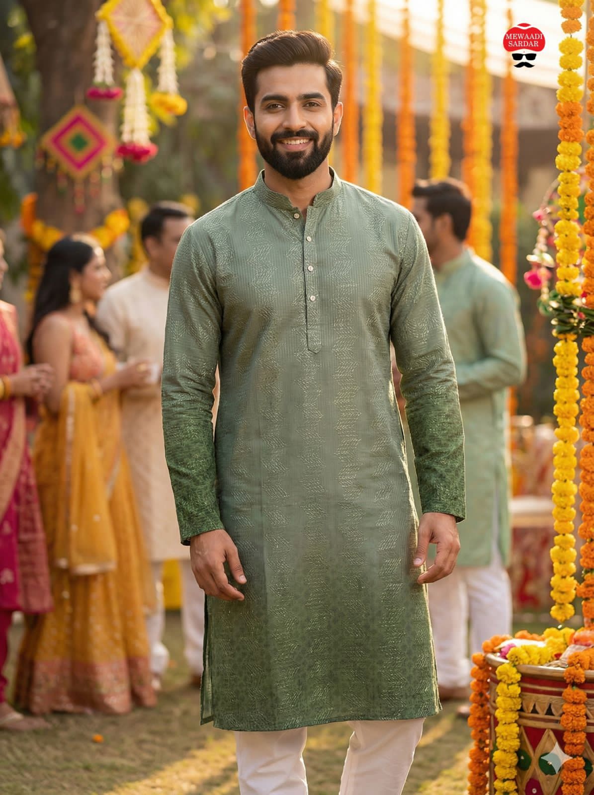 Man in an olive green kurta standing in a festive outdoor setting with decorations and people in the background.