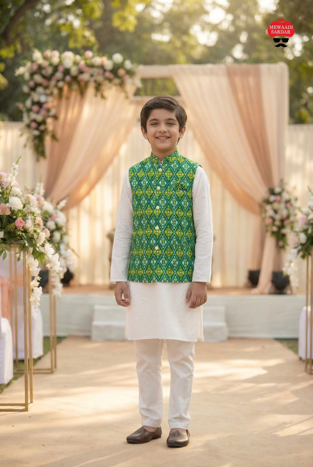 Young boy in parrot green traditional attire standing in front of a decorated stage with flowers.