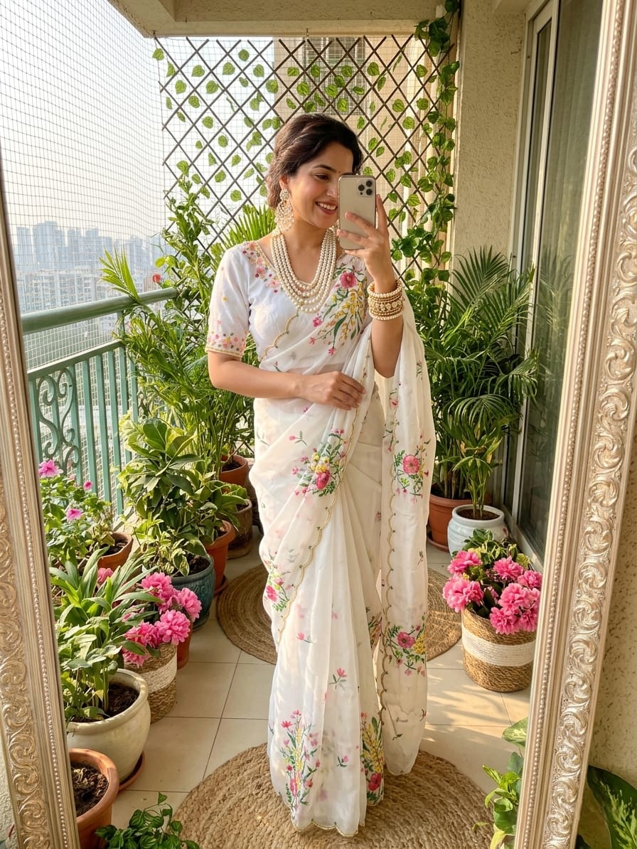 Woman in a white floral saree taking a mirror selfie on a balcony with plants and city view.