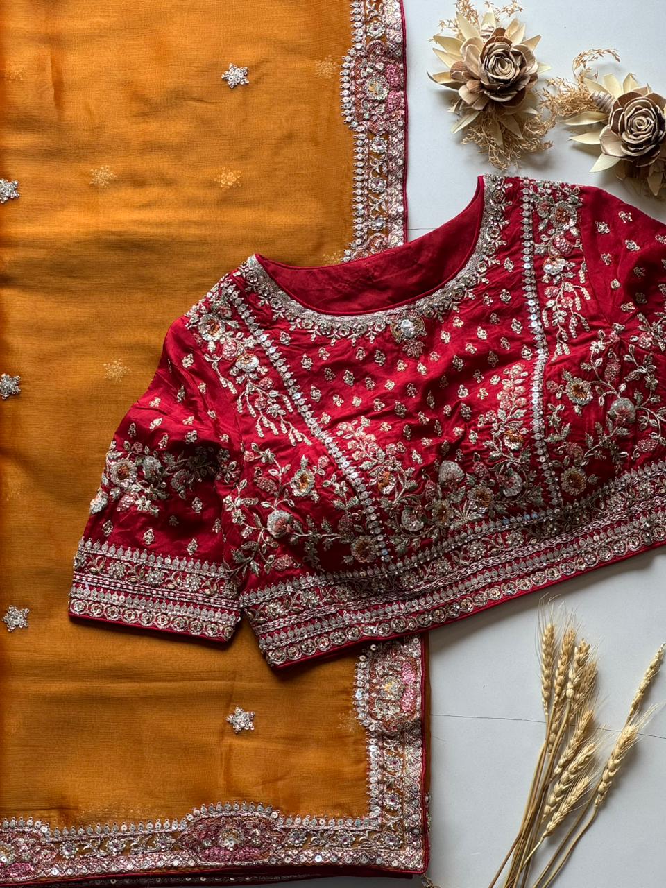 Mustard Yellow fabric with Red blouse 